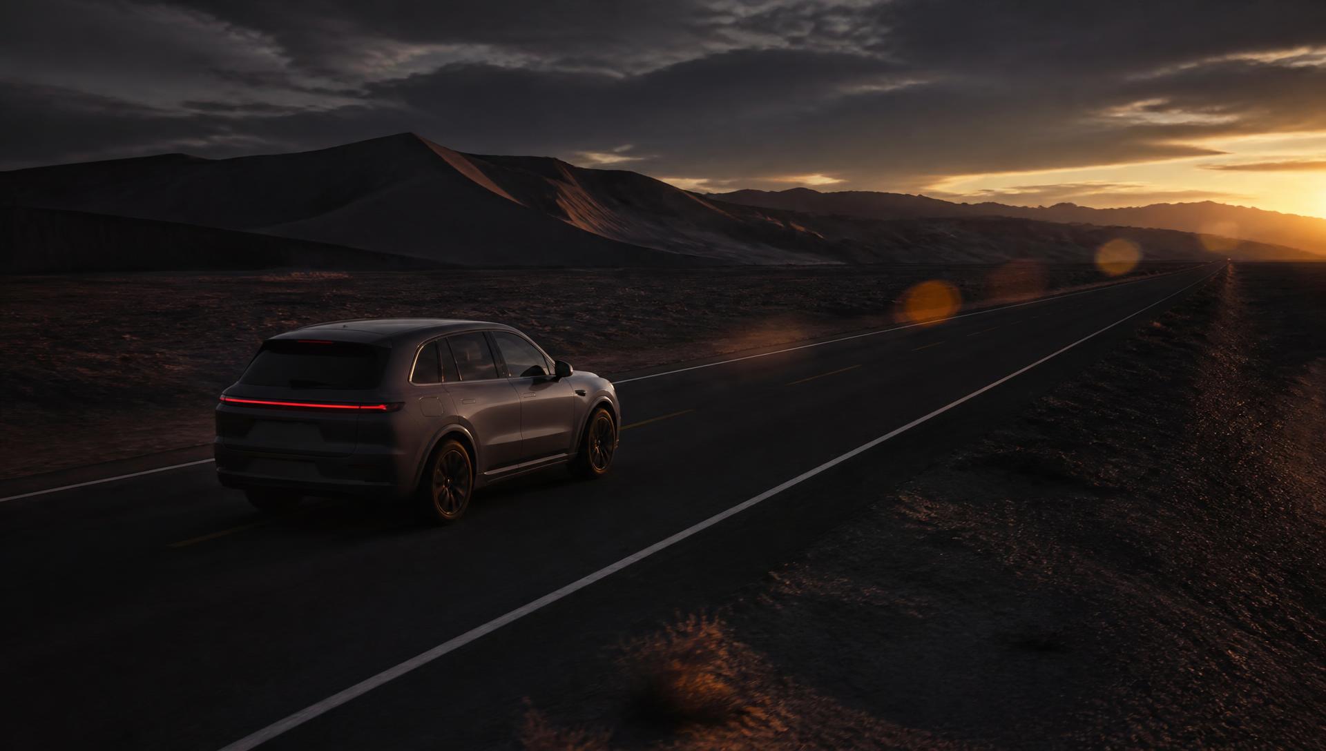 A brand-neutral electric SUV alone on a desert highway at dusk on the Silk Road
