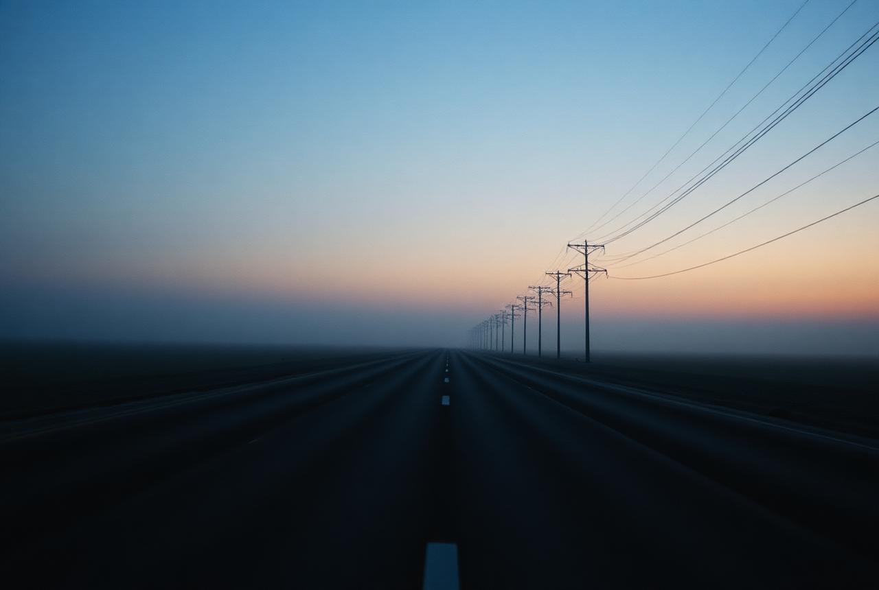 An empty steppe road at dawn in Central Asia