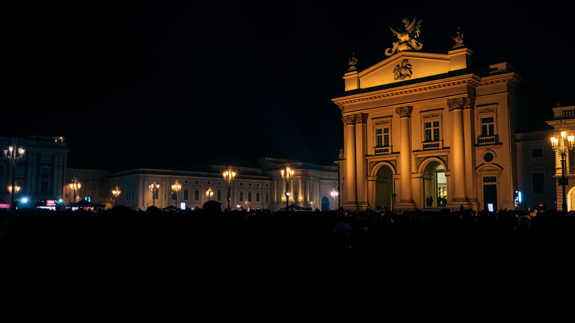 Lisbon waterfront at night, lit squares and crowds